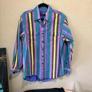 Wrangler Colorful Striped Button-Up Western Shirt Sz 16 1/2-35 XL Brush Popper